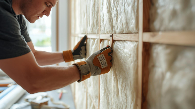 man plaatst thermisch isolatiemateriaal in muur